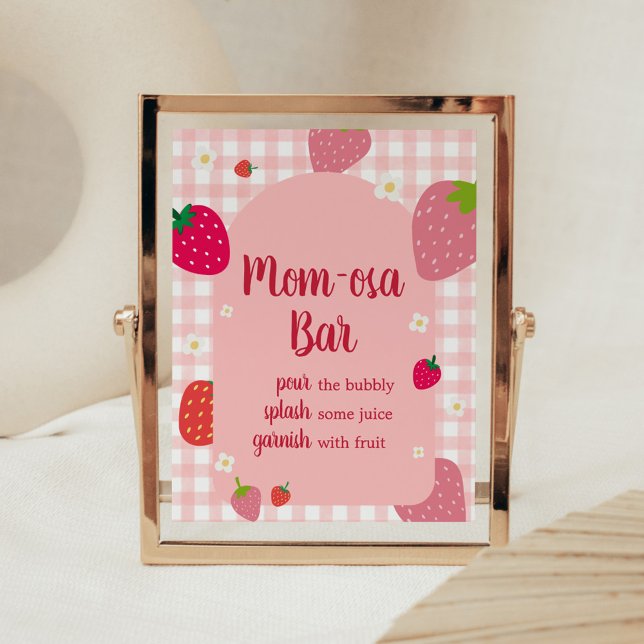 Poster Berry Sweet Gingham Strawberry Mãe Bar Osa (Gingham Strawberry Berry Sweet Baby Shower Mom Osa Bar Sign)