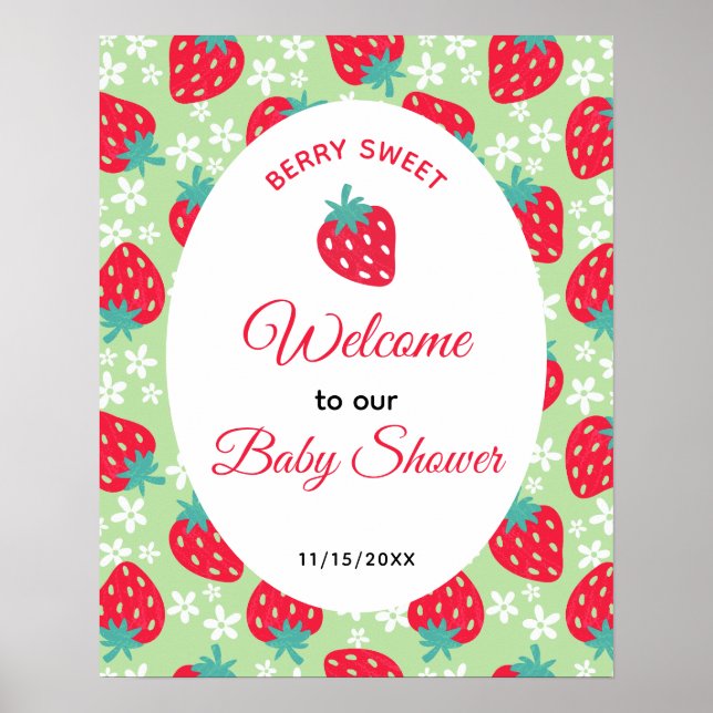 Poster Berry Sweet Green Strawberry Baby Shower Welcome (Frente)