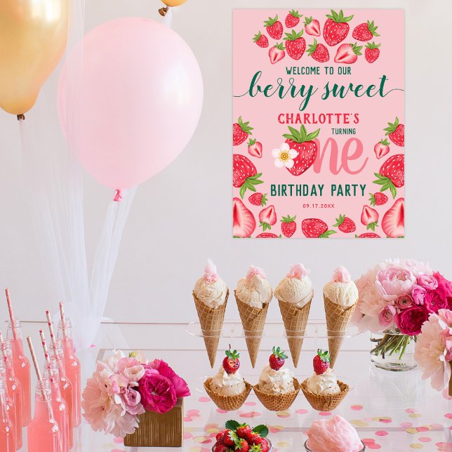 Poster Berry Sweet Strawberry primeiro aniversario Party  (Criador carregado)