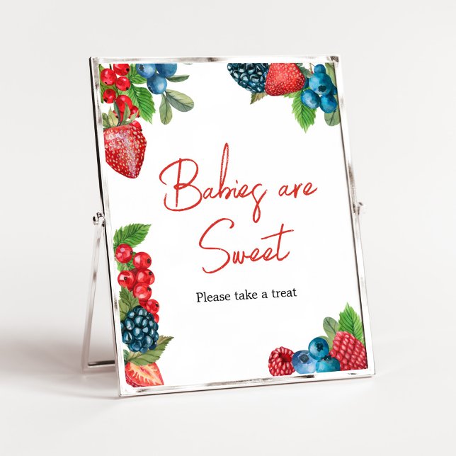 Poster Berry Sweet Summer Chás de fraldas Babies são doce (Red and Blue Berries Baby Shower Babies are Sweet Sign)