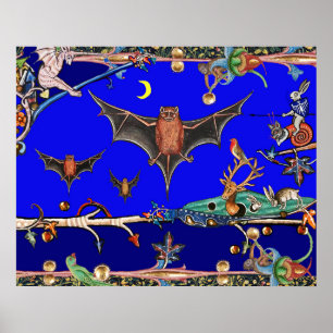 POSTER BESTIÁRIO MEDIEVAL, MAMÍFEROS DA FLORESTA MORCEGOS