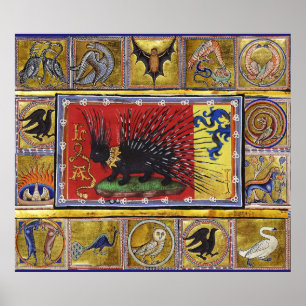 POSTER BESTIÁRIO MEDIEVAL, REI OURIÇO PRETO E ANIMAIS