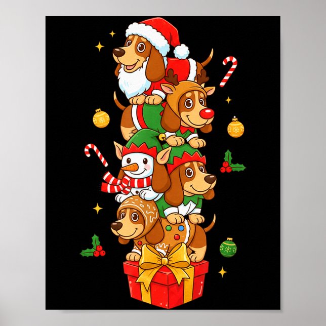 Poster Bet Hound Santa Elf Snowman Christmas Womens Mens  (Frente)