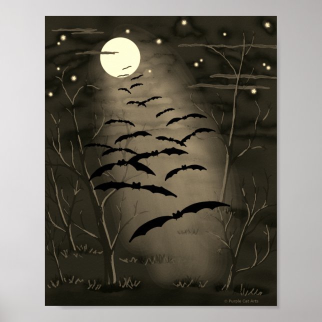 Poster Bewitage Hour Full Moon Bats Vintage Halloween (Frente)