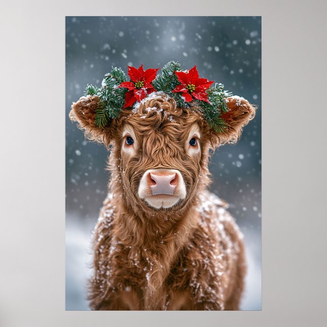 Poster Bezerro na Neve com Grinalda de Poinsettia (Frente)