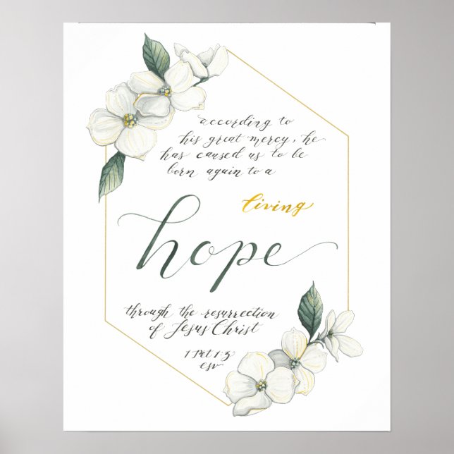 Poster Bible Verse print, 1 Peter 1:3, dogwood flowers (Frente)