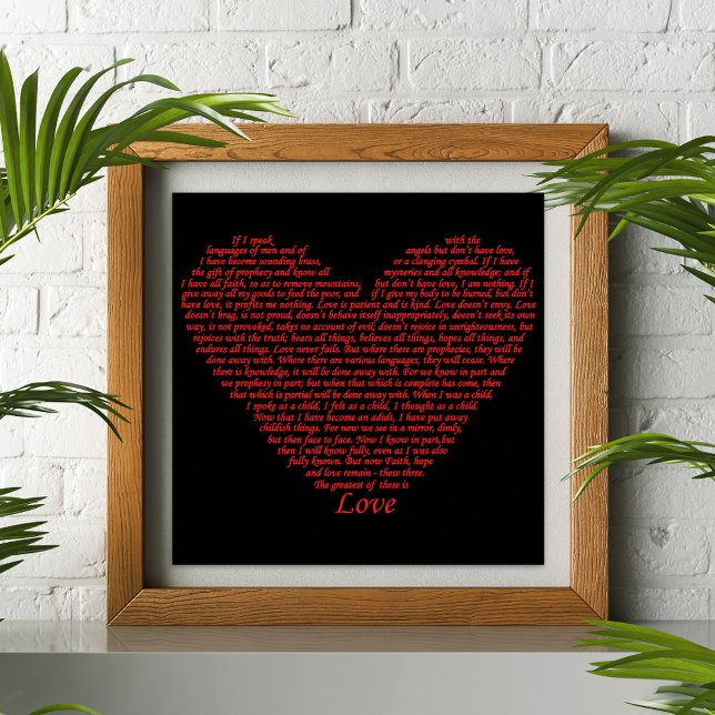 Pôster Bíblia Ama Típografia (Love bible quote 1 Corinthians 13 red heart typography art poster by artist Catherine Sweetman )