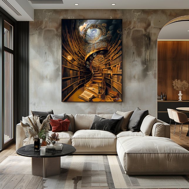 Poster Biblioteca Espiral Surreal com Livros Infinitos (Criador carregado)