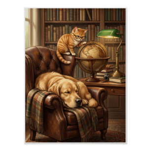 Pôster Biblioteca Vintage Aconchegante Cachorro e Gato Es