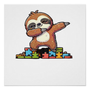 Pôster Bicho-Preguiça Fofo Fazendo Dab Autism Awareness C