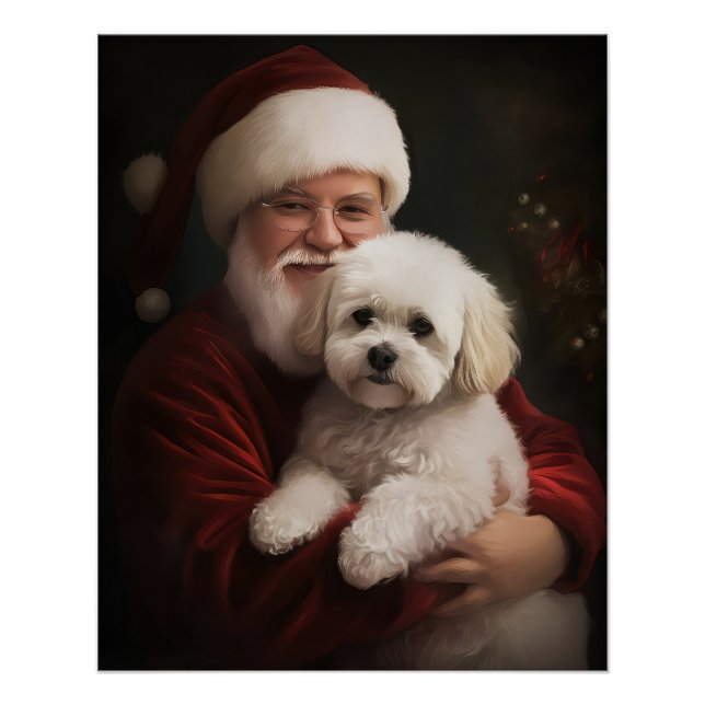 Pôster Bichon Frise com Papai Noel Natal Festivo (Frente)