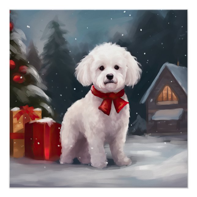 Pôster Bichon Frise Dog no Natal da Neve (Frente)