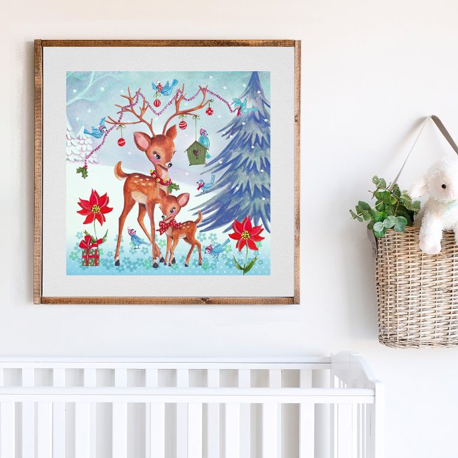 Poster Bichos-de-Natal Bons (Cute Deer Christmas Woodland Animals Poster)