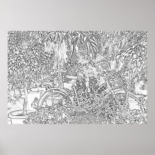 Pôster Bicicleta de Arte em Linha Preta e Branca (Frente)