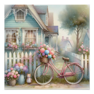 Pôster Bicicleta de Flor Rosa no Portão da Casa Azul