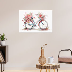 Poster Bicicleta Floral Cor-de-Água Rosa