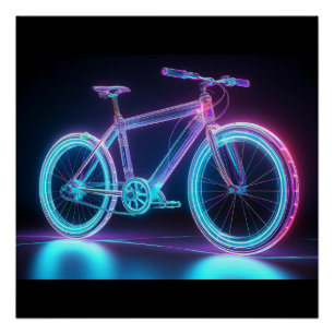 Pôster Bicicleta Neon Futurística - Arte Wireframe High-T