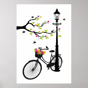 Poster Bicicleta velha com lâmpada, cesta da flor,