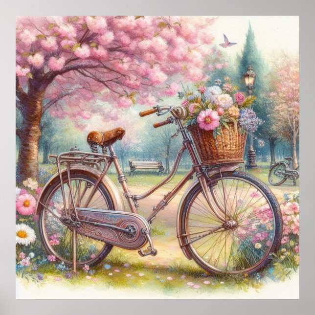 Poster Bicicleta venenosa com flores em aquarela de parqu (Frente)