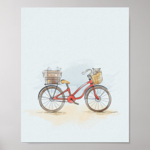 Poster Bicicleta Vermelha e Gato em Aquarela