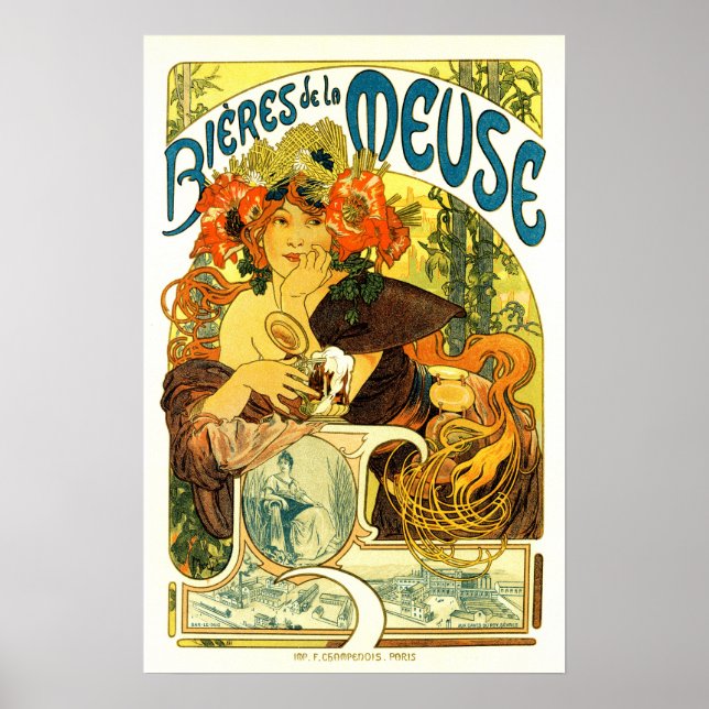 Poster BIERES DE LA MEUSE Beer Alphonse Mucha Art Nouveau (Frente)