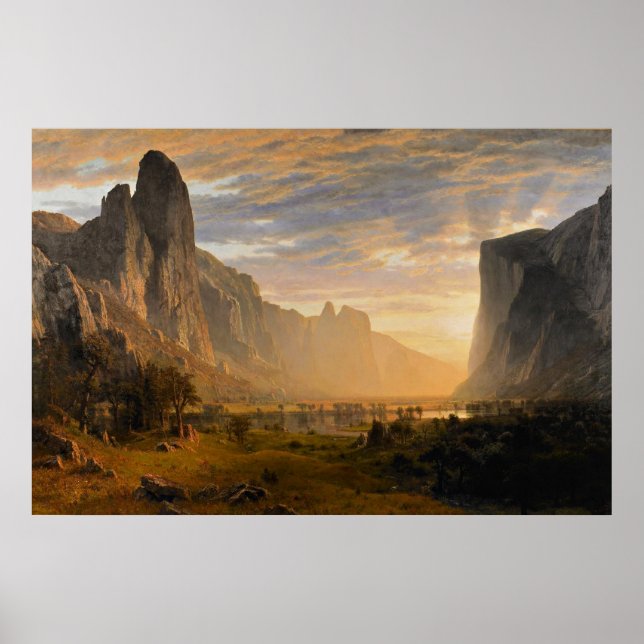 Poster Bierstadt - Olhando para Baixo Vale Yosemite, arte (Frente)
