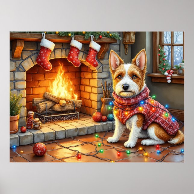 Poster Biewer Terrier Lareira com Luzes de Natal (Frente)