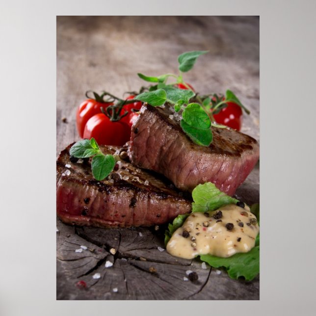 Poster Bifes de churrasco grelhados com ervas frescas e t (Frente)