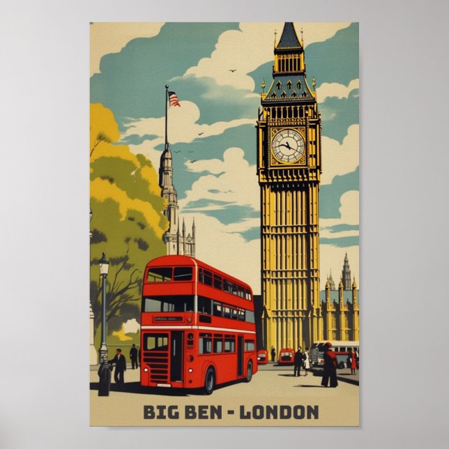 Poster Big Ben London Famoso Local de Viagens vintage (Frente)