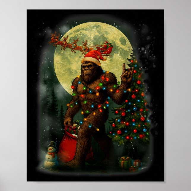 Poster Big Foot Rock On Santa Snowman Christmas Tree Xmas (Frente)