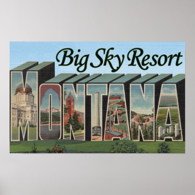 Pôster Big Sky Resort, Montana - Large Letter Scenes (Frente)