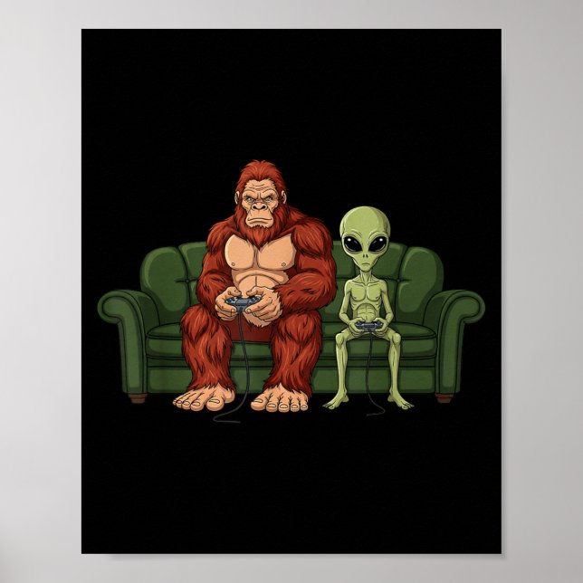 Poster Bigfoot Alien Video Games Gaming Sasquatch Ufo Men (Frente)