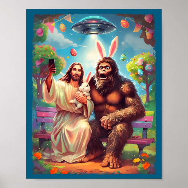 Poster Bigfoot bunny funny easter jesus sasquatch selfie  (Frente)