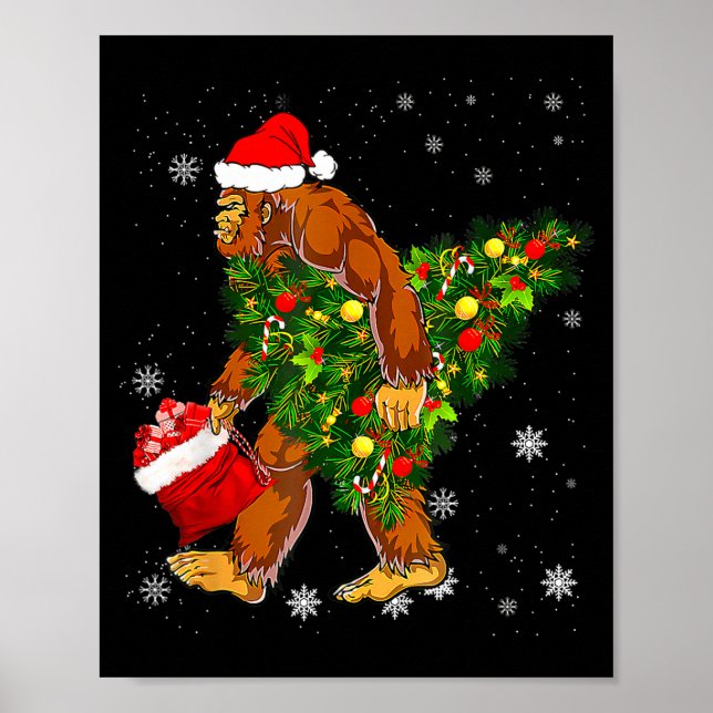 Poster Bigfoot Carrying Christmas Tree Sasquatch Believer (Frente)