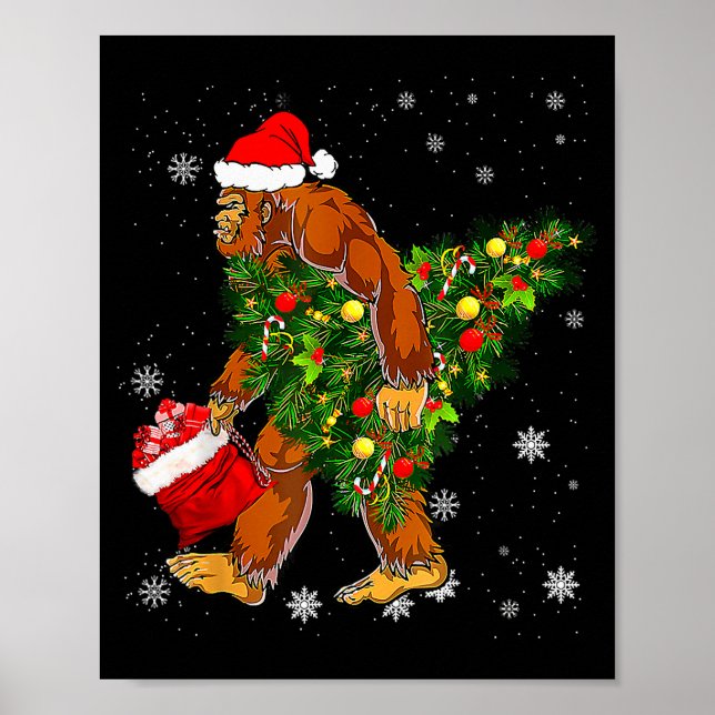 Poster Bigfoot Carrying Christmas Tree Sasquatch Believer (Frente)