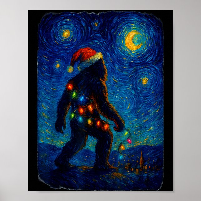 Poster Bigfoot Christmas Sasquatch Santa Hat Starry Night (Frente)