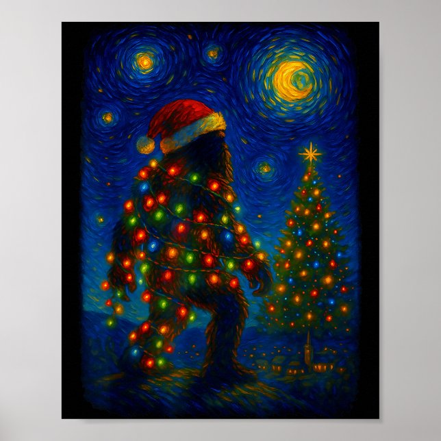 Poster Bigfoot Christmas Sasquatch Santa Hat Starry Night (Frente)