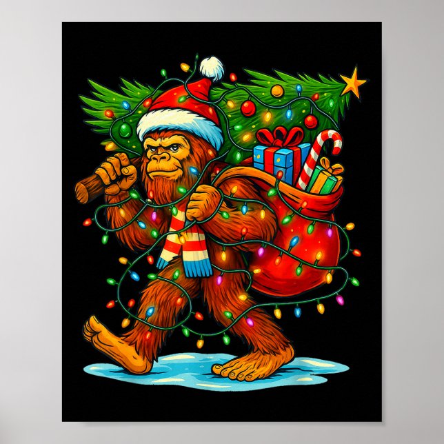 Poster Bigfoot Christmas Tree Xmas Sasquatch Funny Lights (Frente)