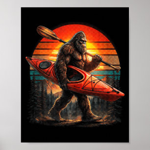 Poster Bigfoot engraçado remando kayak pôr do sol retrô s