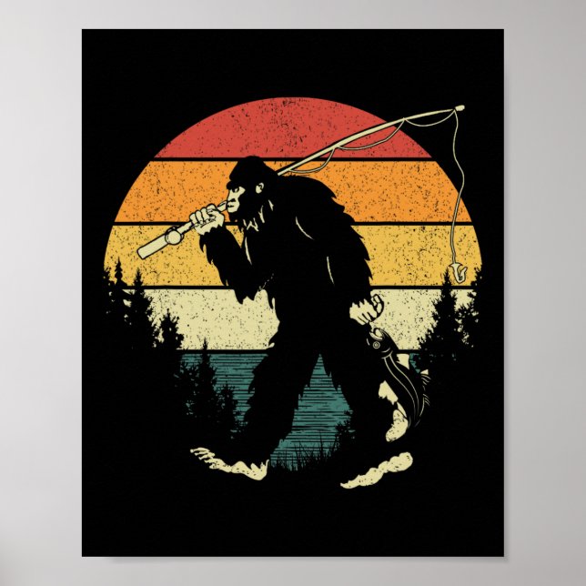 Poster Bigfoot Fishing Funny Sasquatch Fish Sunset 80s By (Frente)