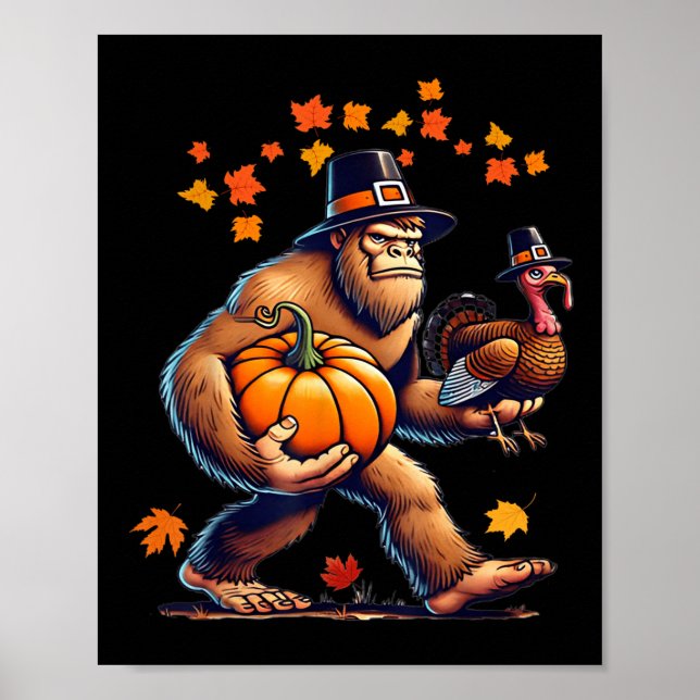 Poster Bigfoot Pilgrim Hat Turkey Day Pumpkin Thanksgivin (Frente)