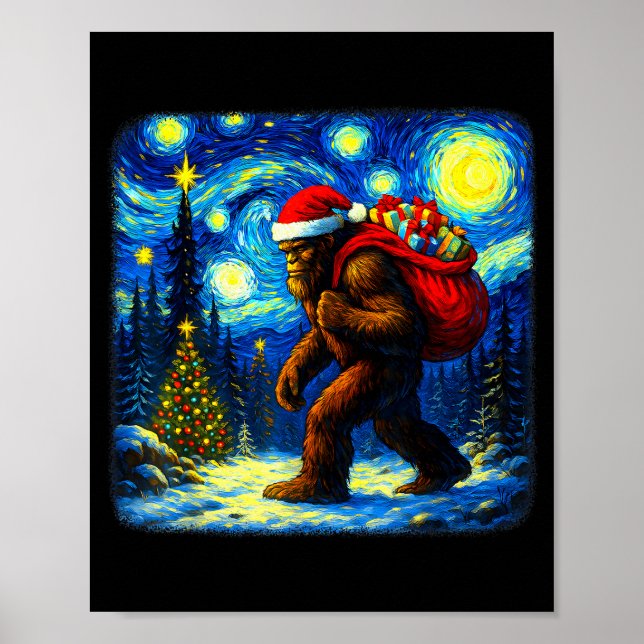 Poster Bigfoot Santa Christmas Starry Night Sasquatch Van (Frente)