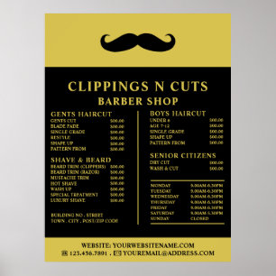 Poster Bigode Preto, Lista de Preços de Barbearia Masculi