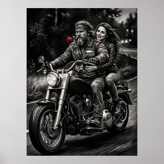 Poster Biker Couple Motorcycle Night Ride Romance  (Frente)