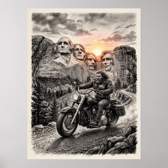 Poster Biker Rides Past Mount Rushmore Presidents Sunset  (Frente)