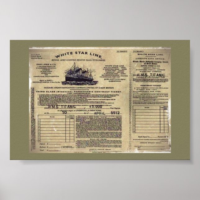 Poster Bilhete para RMS Titanic 1912 (Frente)