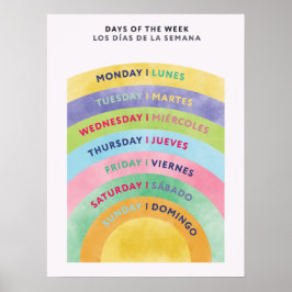 Poster Bilingue em Inglês Espanhol Dias da Semana 