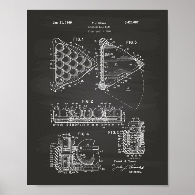 Pôster Billiard Ball Rack 1969 Patent Art - Chalkboard (Frente)