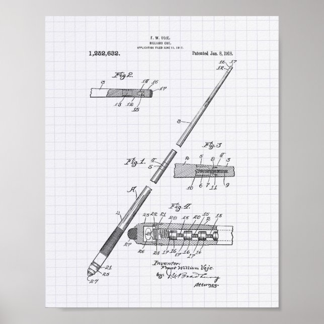 Pôster Billiard Cue 1918 Patent Art - Lined Peper (Frente)