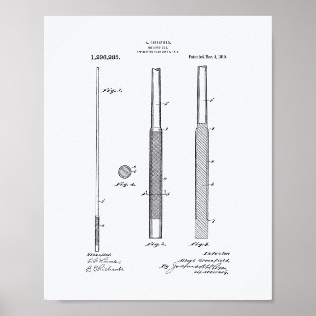 Pôster Billiard Cue 1919, Patent Art - Livro Branco (Frente)